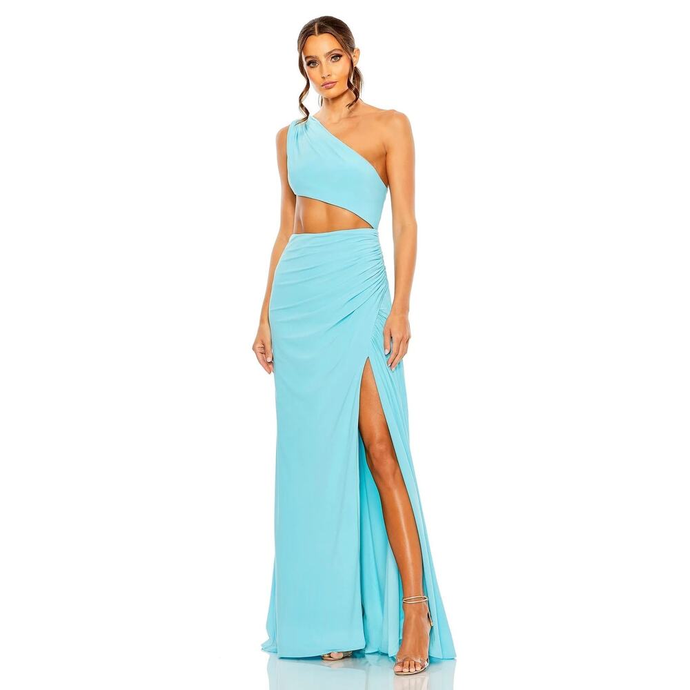 Mac Duggal Aqua One-Shoulder Cutout Maxi Dress